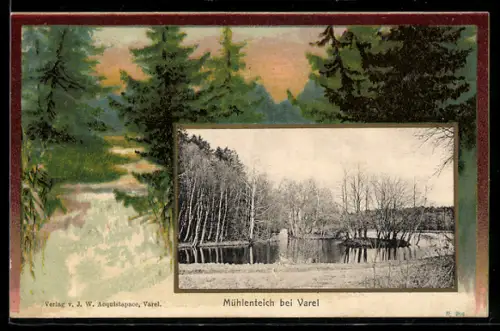 Lithographie Varel, Mühlenteich im Wald-Passepartout