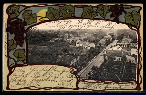 AK Varel, Panorama, Passepartout mit Weinblättern