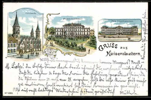 Lithographie Kaiserslautern, Stiftskirche, Bezirkskommando, Pfälz. Gewerbemuseum