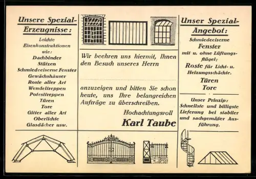 AK Frankfurt /Main, Eisenwerk Karl Taube, Schmiedeeiserne Fenster, Tore, Spezialerzeugnisse