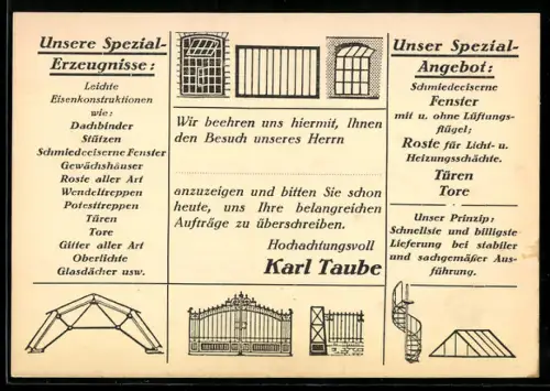 AK Frankfurt /Main, Eisenwerk Karl Taube, Schmiedeeiserne Fenster, Tore, Treppen, Türen