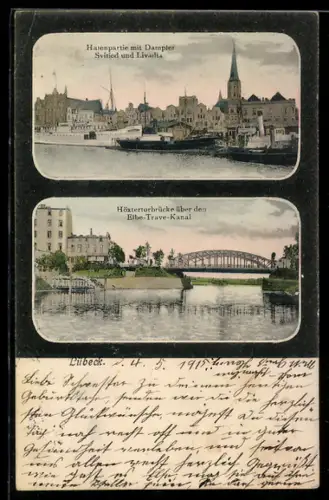 AK Lübeck, Hafenpartie mit Dampfer Svitiod und Livadia, Höxtertorbrücke über den Elbe-Trave-Kanal