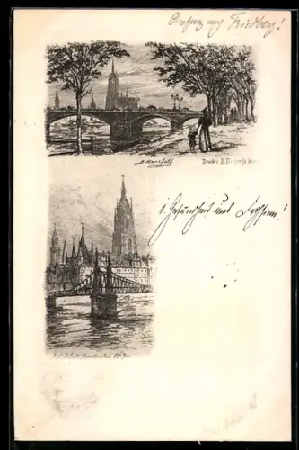 AK Alt-Frankfurt, Alte Brücke, Dom, Mainansicht