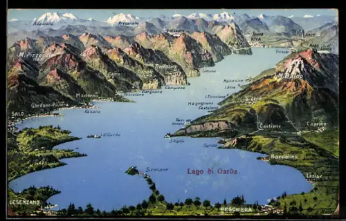 Künstler-AK Peschiera del Garda, Panorama mit Sirmione, Salo und Presanella