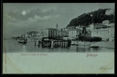 Mondschein-AK Bellagio, Bateau à vapeur en arrivant