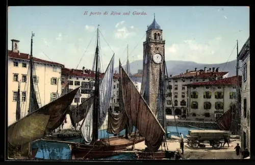 AK Riva, Hafen mit Segelschiffen, Glockenturm