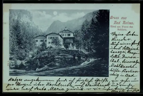 Mondschein-AK Bad Ratzes, Ortspartie am Fusse des Schlern