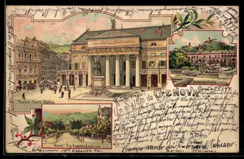 Lithographie Genova, Teatro Carlo Felice, Palazzo Doria, Via Vittorio Emanuele in Nervi