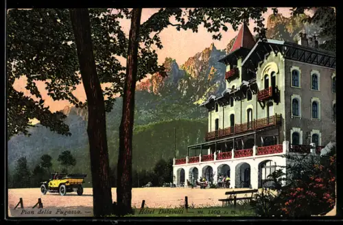 AK Pian della Fugazza, Hotel Dolomiti mit Automobil und Dolomitenblick