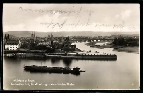 AK Koblenz a. Rhein, Kaiser Wilhelm I. Denkmal im Deutschen Eck und Mündung der Mosel in den Rhein