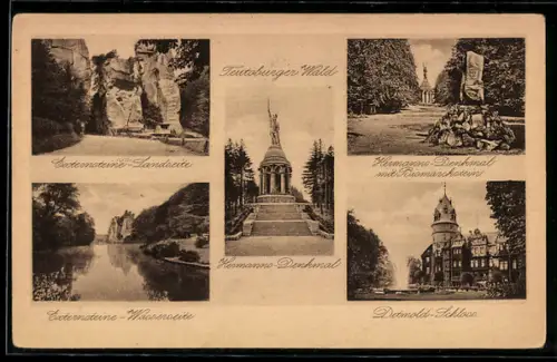 AK Detmold, Hermanns-Denkmal, Detmolder Schloss und Bismarckstein