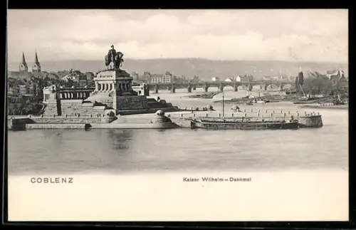 AK Coblenz, Kaiser Wilhelm-Denkmal vom Wasser aus gesehen