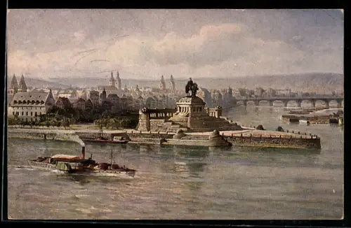 Künstler-AK Koblenz, Rheindampfer passiert das Deutsche Eck