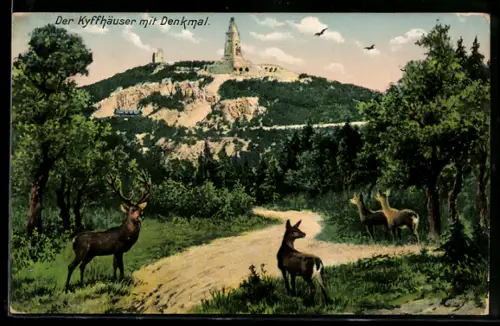 Künstler-AK Kyffhäuser, Kyffhäuserdenkmal mit Hirsch und Rehen