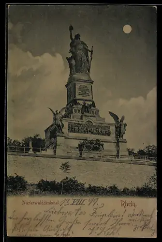 Mondschein-AK Rüdesheim /Rhein, Niederwalddenkmal