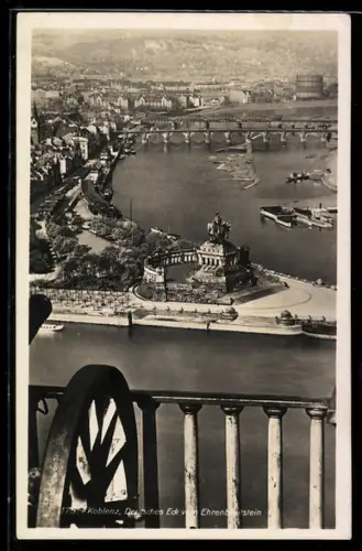 AK Koblenz, Blick von der Festung Ehrenbreitstein auf das Deutsche Eck mit dem Denkmal Kaiser Wilhelm I.