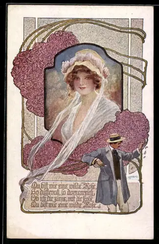 Künstler-AK W. Braun: Zofe und elegant gekleideter Herr am Blütenstrauch, Deutscher Schulverein