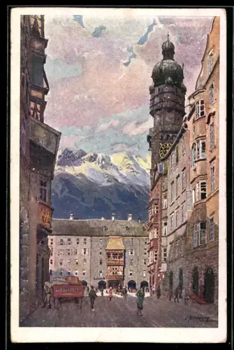 AK Deutscher Schulverein NR 1743: Innsbruck, Herzog Friedrichstrasse mit Stadtturm u. goldenem Dachl