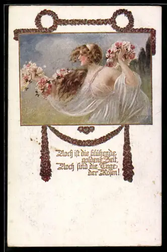 Künstler-AK W. Braun, Deutscher Schulverein Nr. 1077: Frau in weissem Kleid mit Rosen in den Händen
