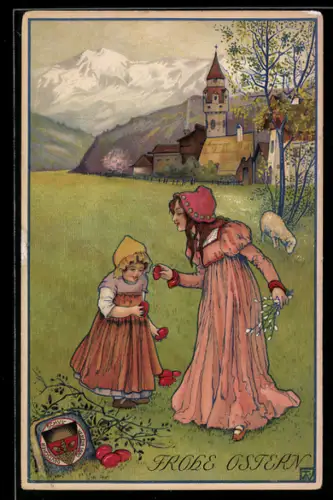 AK Deutscher Schulverein 1880, Ostergrüsse, zwei Mädchen suchen Ostereier, Blick auf die Berge