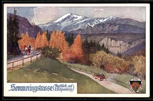 AK Deutscher Schulverein NR 454: Semmeringstrasse, Ausblick auf d. Schneeberg, Auto und Kutsche