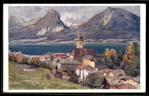 Künstler-AK St. Wolfgang am Wolfgangsee, Ortsansicht aus der Vogelschau