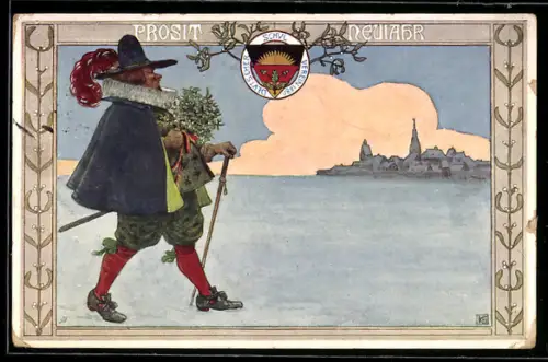 Künstler-AK Karl Friedrich Gsur, Deutscher Schulverein Nr. 77: Edler Mann geht mit Blumenstrauss zur Neujahrsfeier