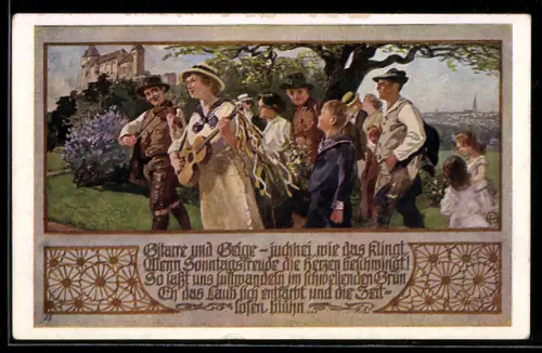 AK Deutscher Schulverein NR: 732, Festumzug, Gitarre und Geige