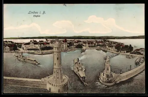 AK Lindau i. B., Hafenansicht mit Leuchtturm