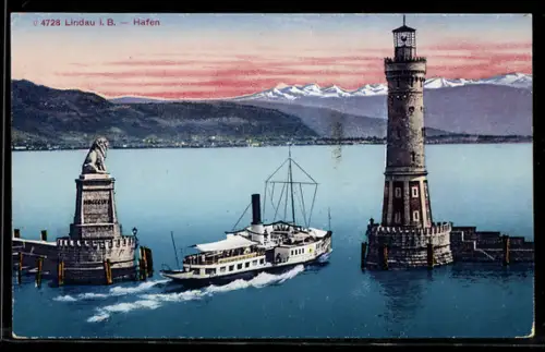 AK Lindau i. B. Hafenansicht mit Schiff und Leuchtturm