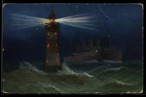 Künstler-AK Rote-Sand-Leuchtturm an der Wesermündung, Passagierschiff