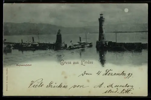 Mondschein-AK Lindau, Hafeneinfahrt mit Leuchtturm im Vollmondlicht