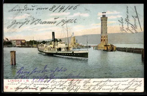 AK Lindau i. B., Hafeneinfahrt mit Leuchtturm