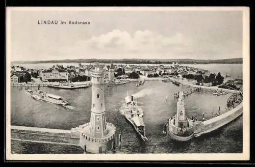 AK Lindau im Bodensee, Hafenansicht mit Leuchtturm