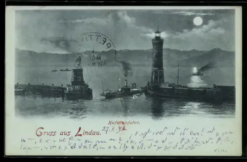 Mondschein-AK Lindau, Dampfer in der Hafeneinfahrt mit Leuchtturm