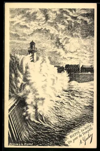 Künstler-AK Dieppe, Leuchtturm in der Brandung