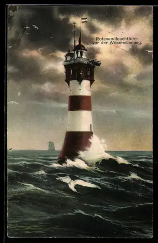 AK Rothesandleuchtturm in der Wesermündung bei tosender See