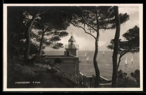 AK Portofino, Il Faro, der Leuchtturm mit Blick auf die Segelschiffe