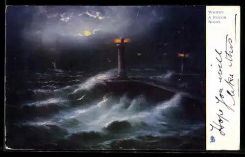 AK Whitby, Leuchtturm in rauer See