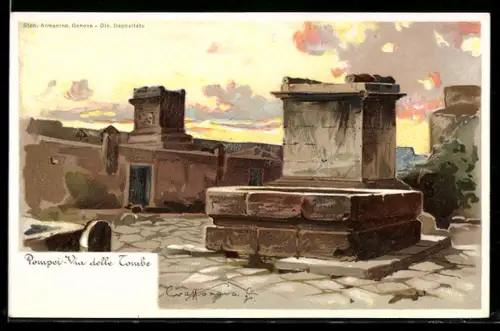 Künstler-Lithographie Pompeii, Valle del Tombe, Partie mit Gräbern