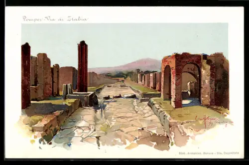 Lithographie Pompeji, Via di Stabia, Ausgrabungstätte