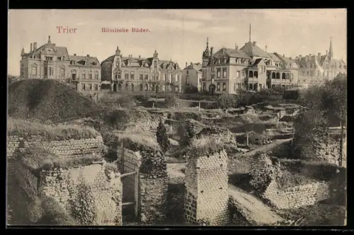 AK Trier, Ortsansicht mit römische Bäder