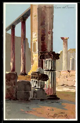 Künstler-Lithographie Pompei / Pompeii, Casa del Fauno, Antike Ruine
