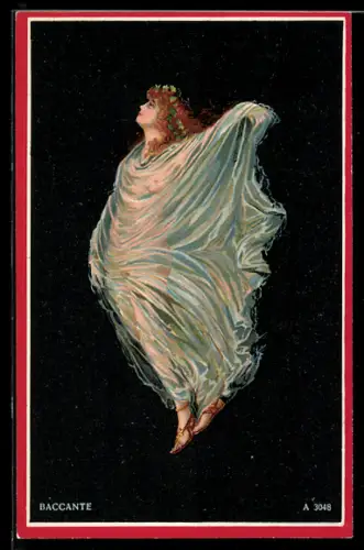 AK Baccante, Schwebende Frau im weissen Gewand mit Blättern im Haar