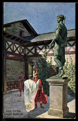 Künstler-AK Saalburg, Knappen mit ernster Nachricht vor einem Denkmal