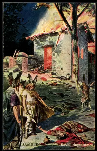 Künstler-AK Saalburg / d.H, Germanen nehmen römisches Kastell ein