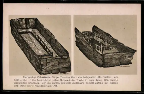 AK Leihgestern /Giessen, Fränkische Särge, Bohlensärge im Oberhessischen Museum, Ausgrabung