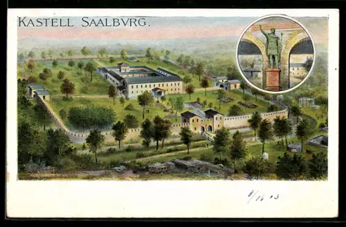 Lithographie Saalburg, Gesamtansicht des Kastells von oben, Römerstatue