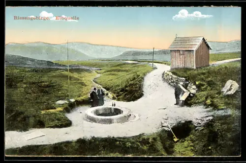 AK Spindlermühle /Riesengebirge, Wanderer und Haus an der Elbquelle