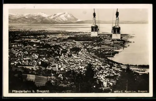AK Bregenz, Pfänderbahn mit Sicht auf die Stadt